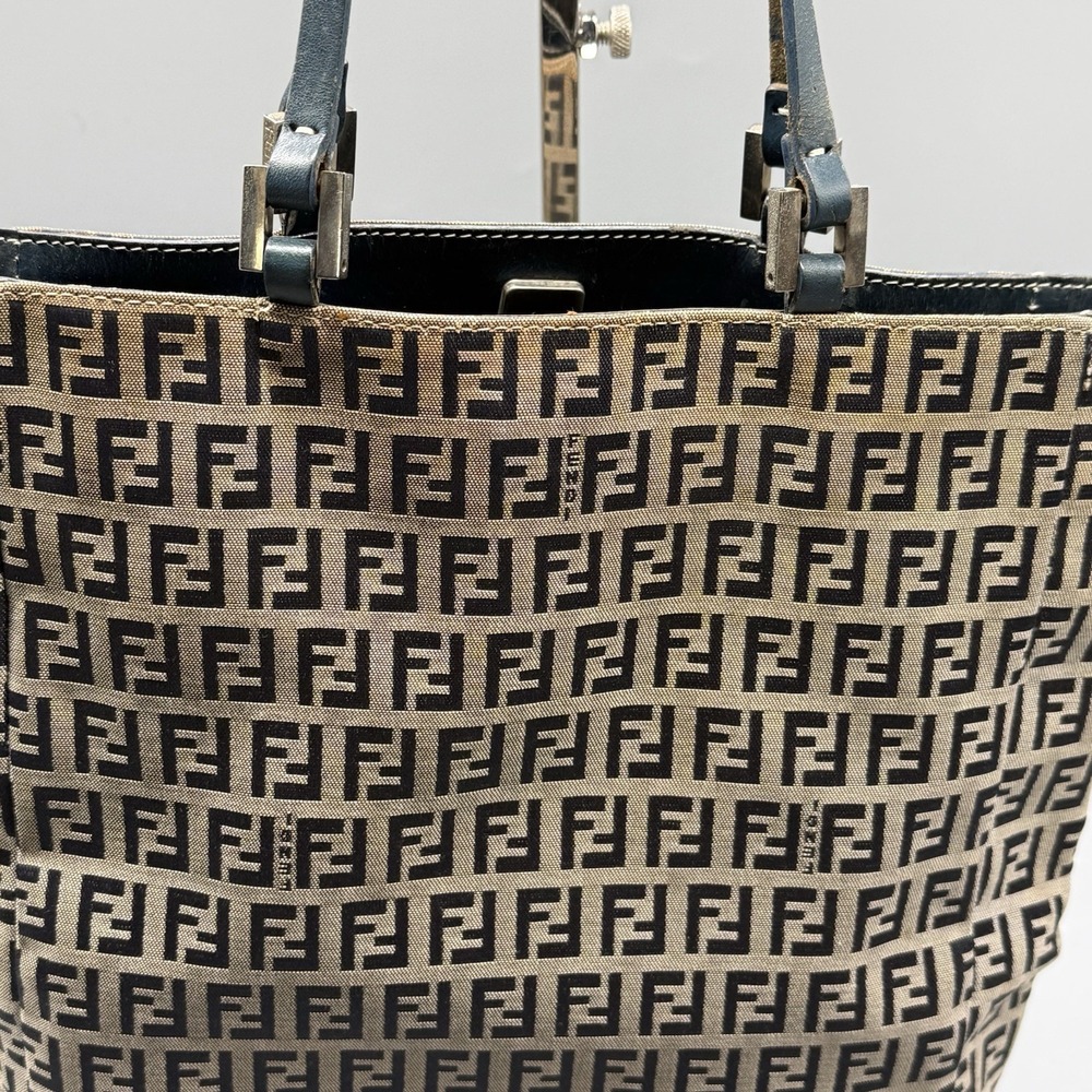 Fendi Zucca FF Monogram Tote Bag Blue Leather Trim Italy W/ COA & Dustbag Vtg - Picture 3 of 13